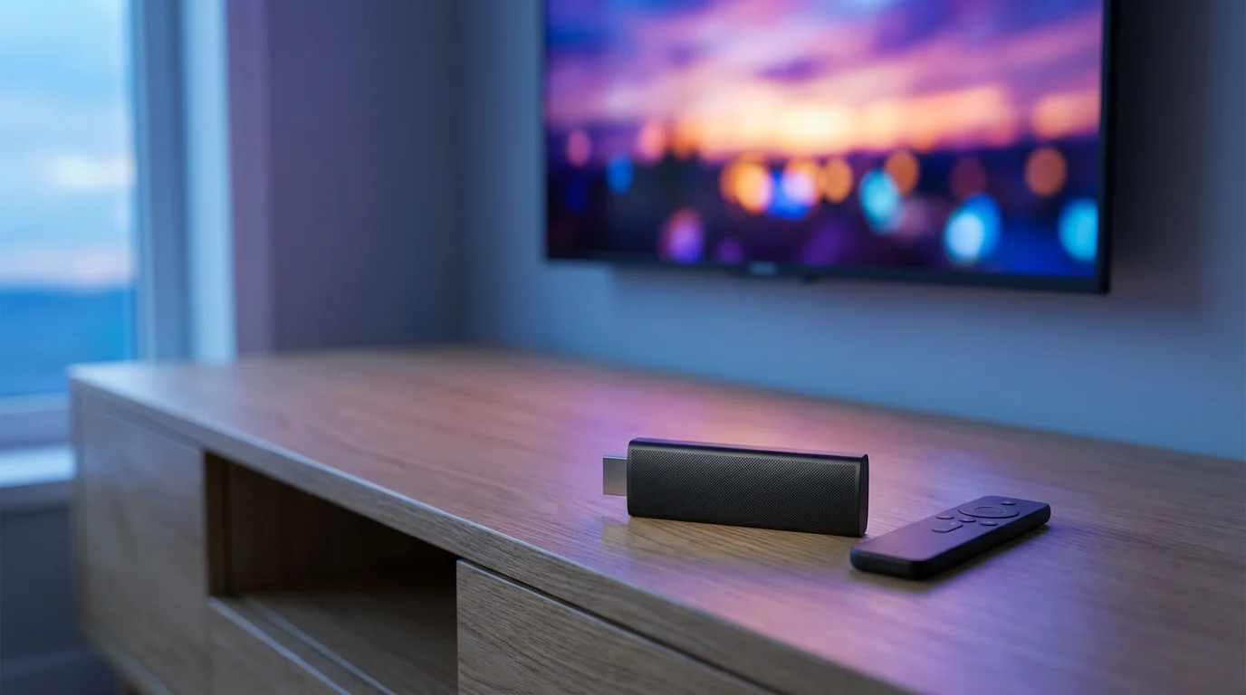 A 4K HDR streaming stick and remote on a wooden media console during blue hour.