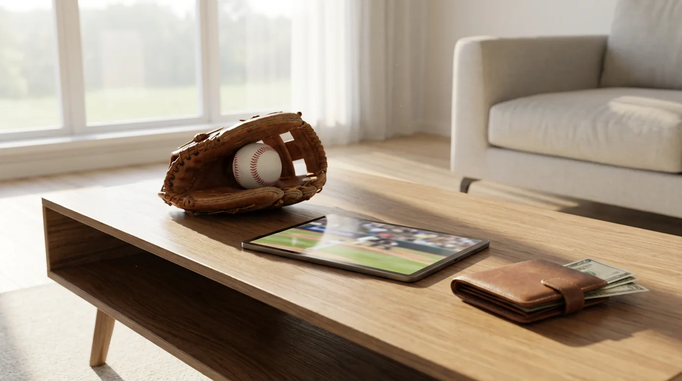 A baseball, glove, and wallet with cash sit next to a tablet on a table.