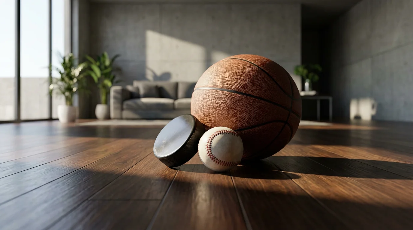 A basketball, baseball, and hockey puck on a wood floor in afternoon light.