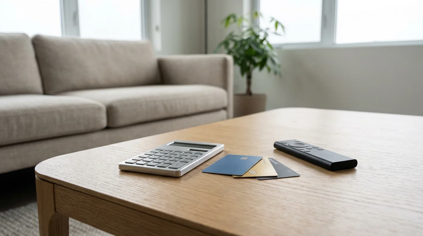 A calculator, credit cards, and TV remote on a coffee table representing streaming costs.