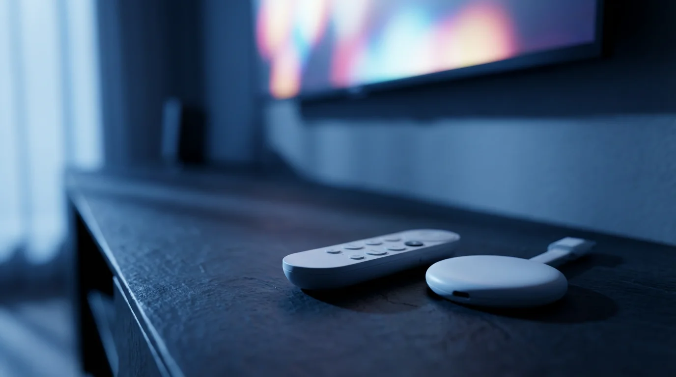 A Chromecast with Google TV dongle and remote on a media console at dusk.