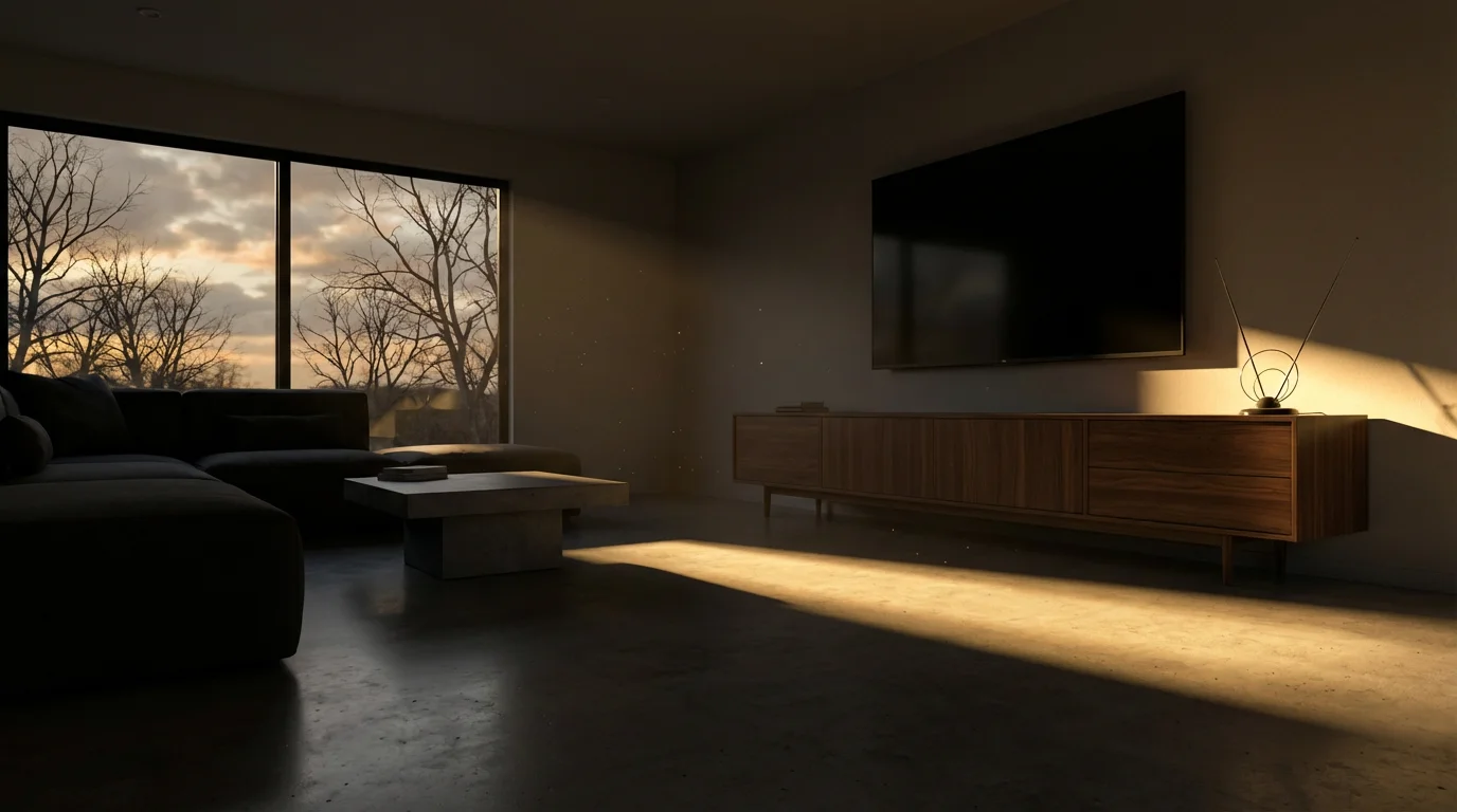 A classic TV antenna sits next to a modern television in a sunlit room.