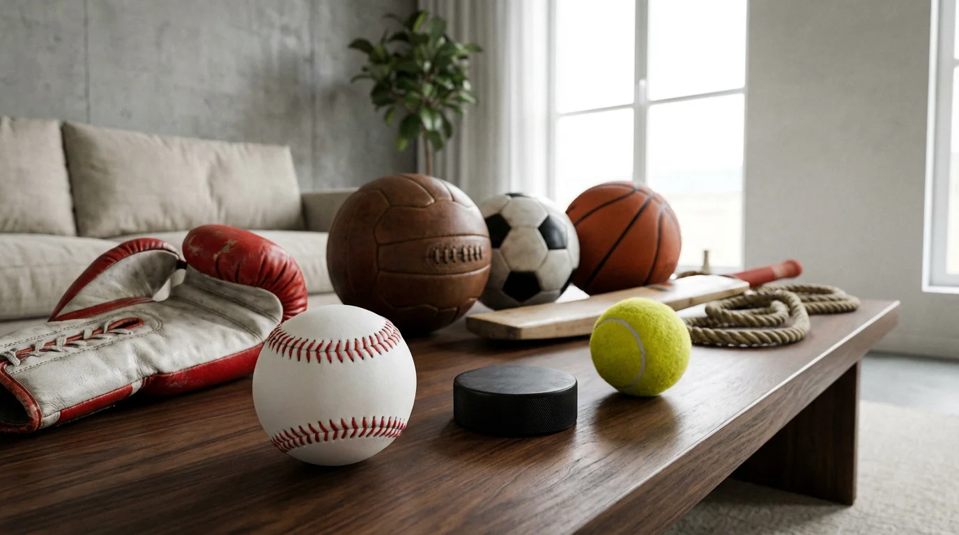 A close-up, low-angle photo of a baseball, hockey puck, and tennis ball.
