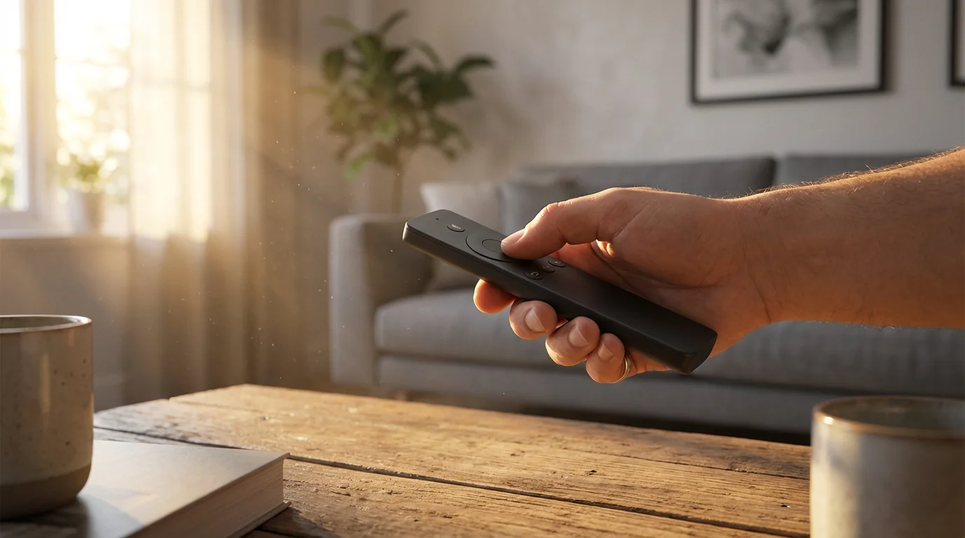 A close-up, low angle photo of a hand holding a TV remote in a sunlit living room.