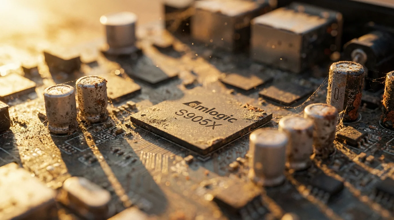 A close-up macro photo of a dusty, open circuit board from a streaming device.
