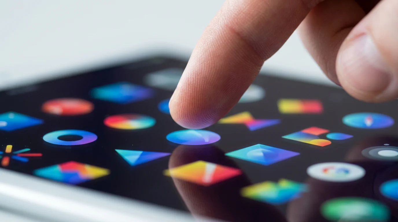 A close-up macro photo of a finger about to select a streaming app icon.