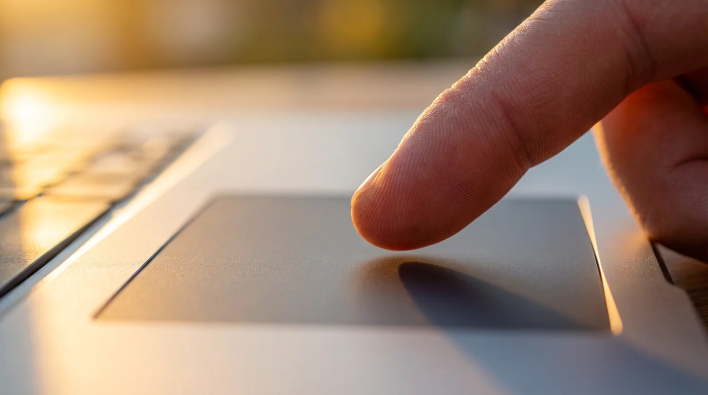 A close-up macro photo of a finger about to click a laptop trackpad.