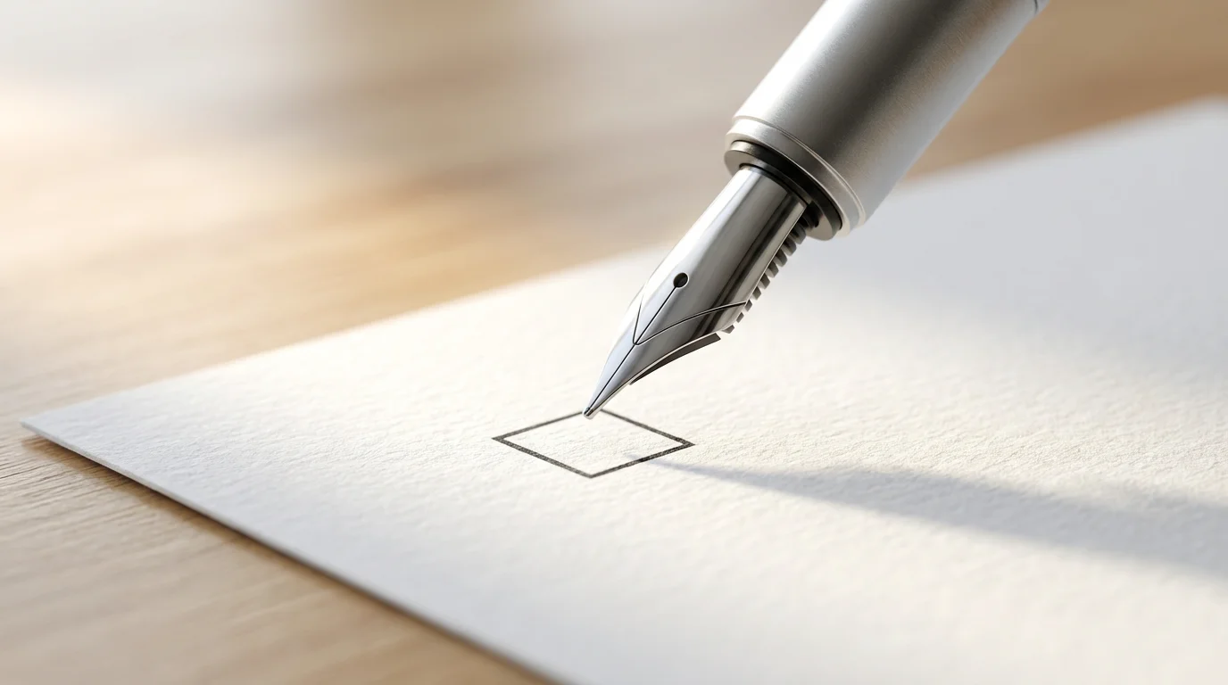 A close-up macro photo of a fountain pen poised over a checkbox.
