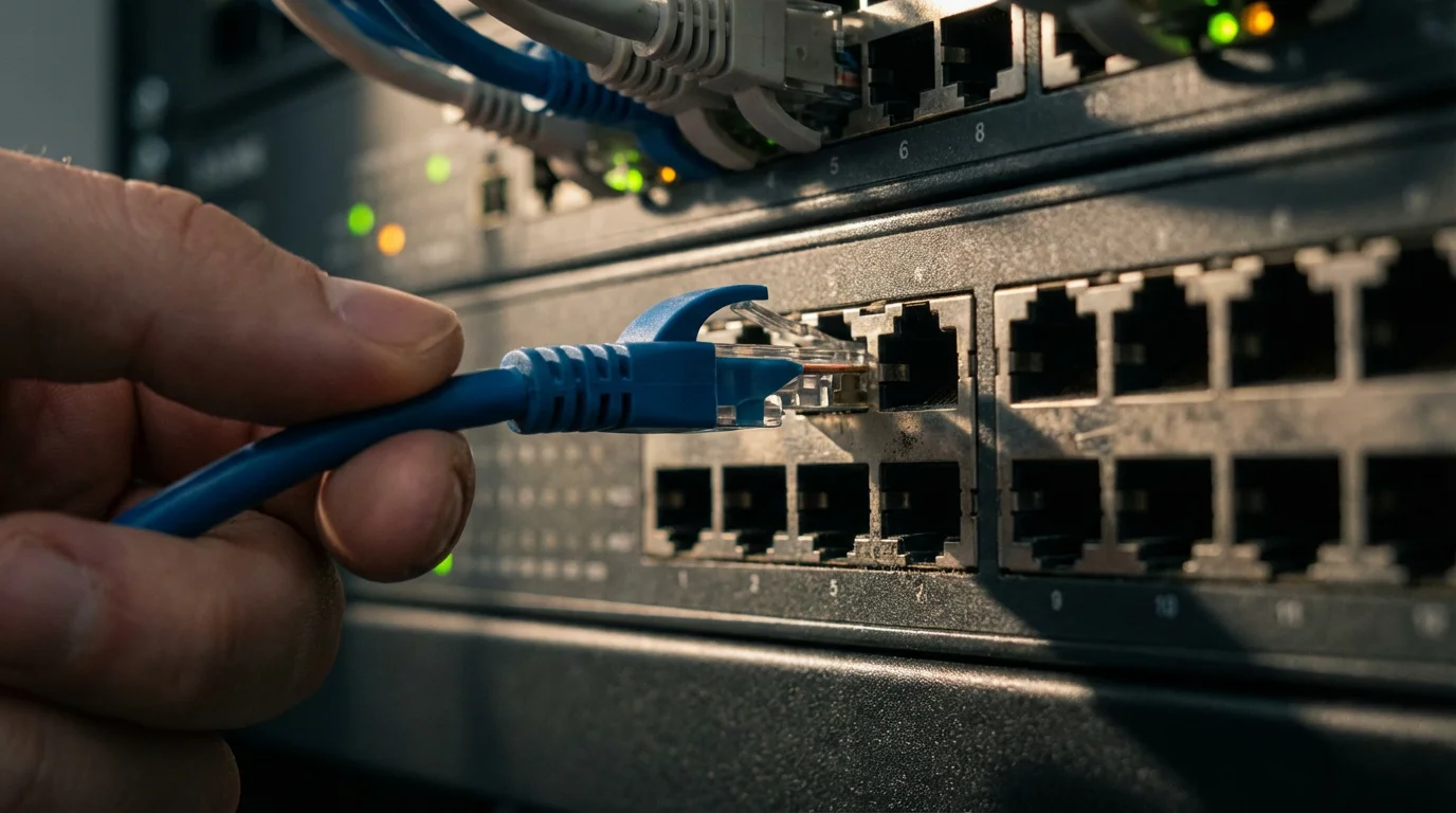 A close-up macro photo of a hand plugging a blue network cable into a server.
