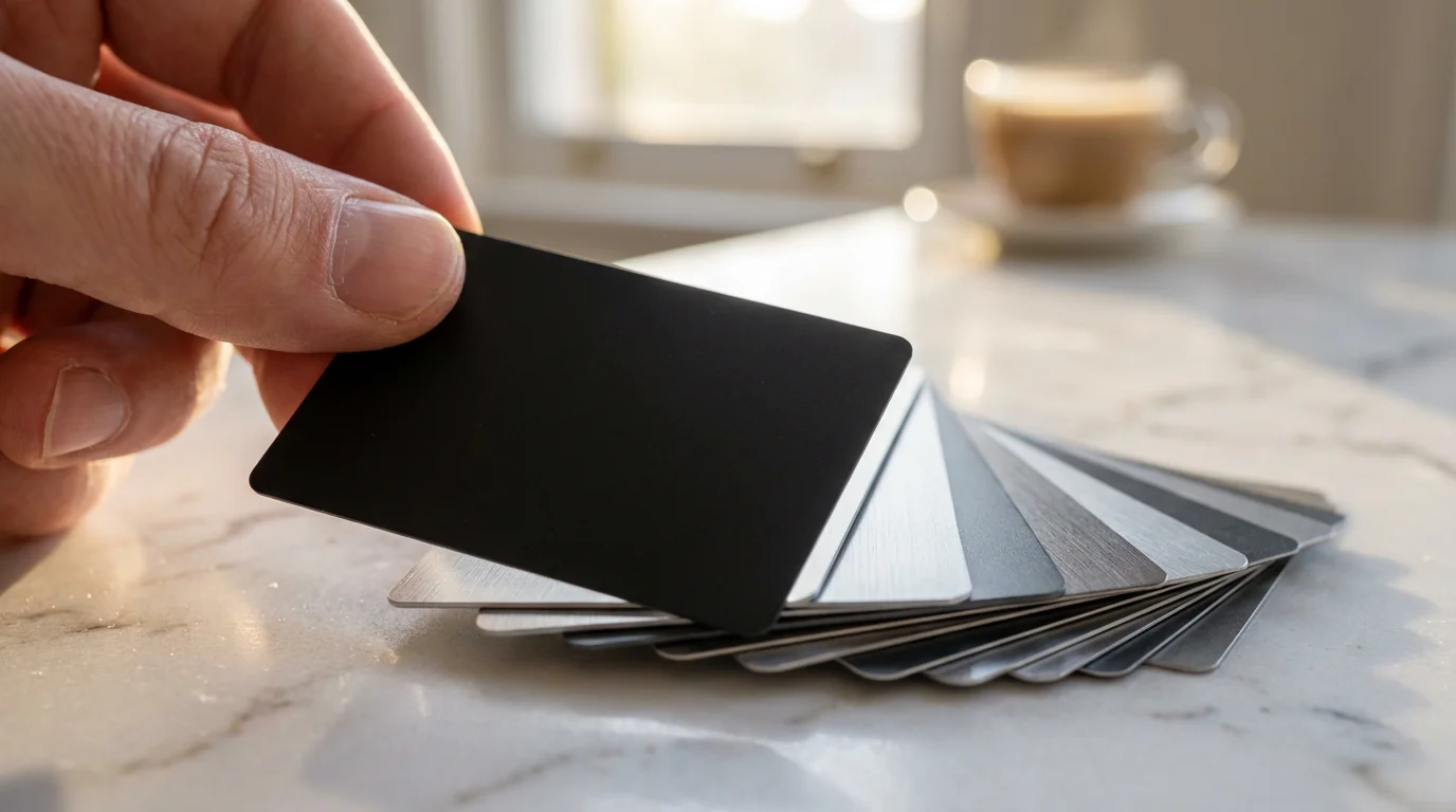 A close-up macro photo of a hand selecting a single card from a stack.