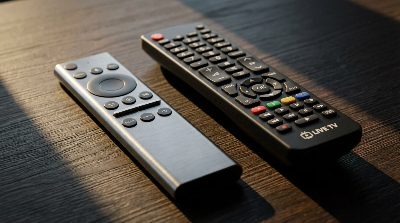 A close-up macro photo of a minimalist streaming remote next to a larger universal remote.