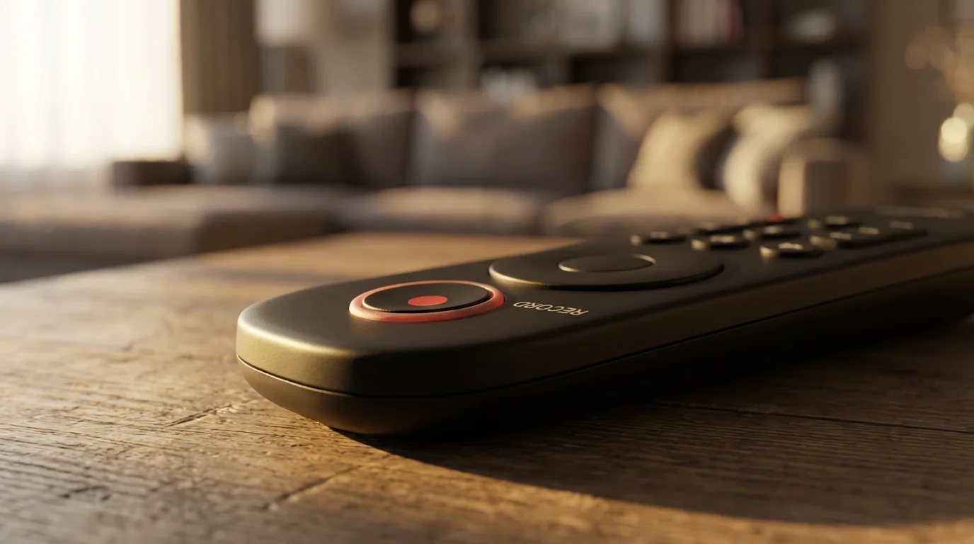 A close-up macro photo of a modern remote control's red record button during sunset.