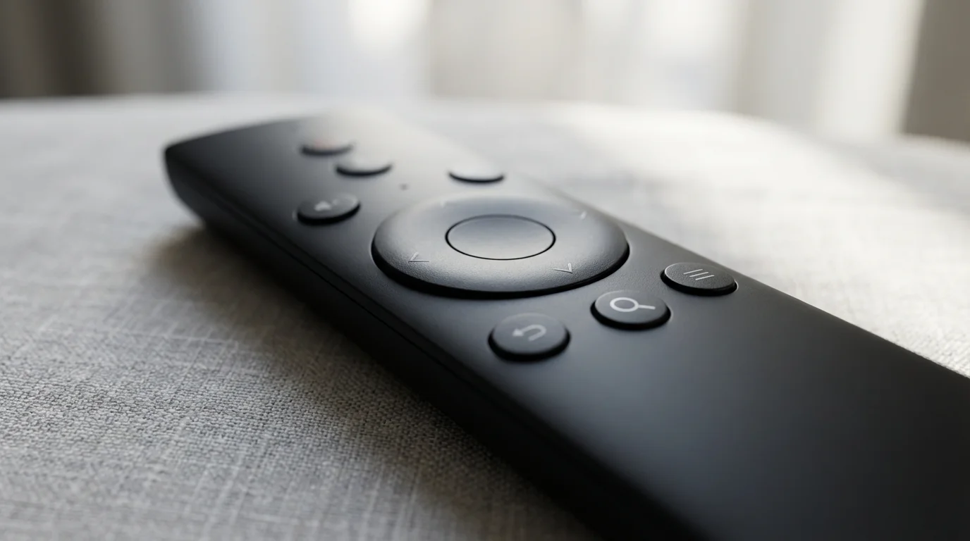 A close-up macro photo of a modern universal remote control's search button.