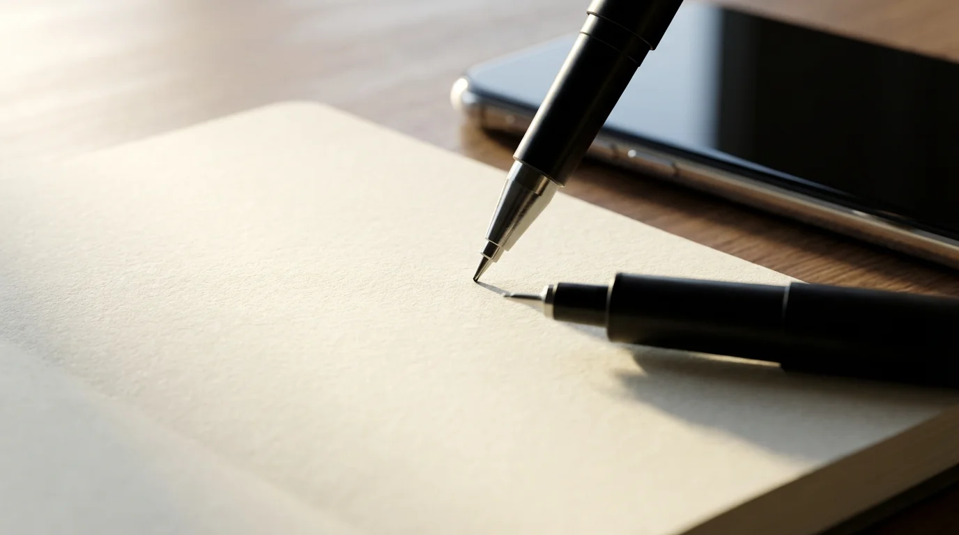 A close-up macro photo of a pen poised over a blank notebook page.
