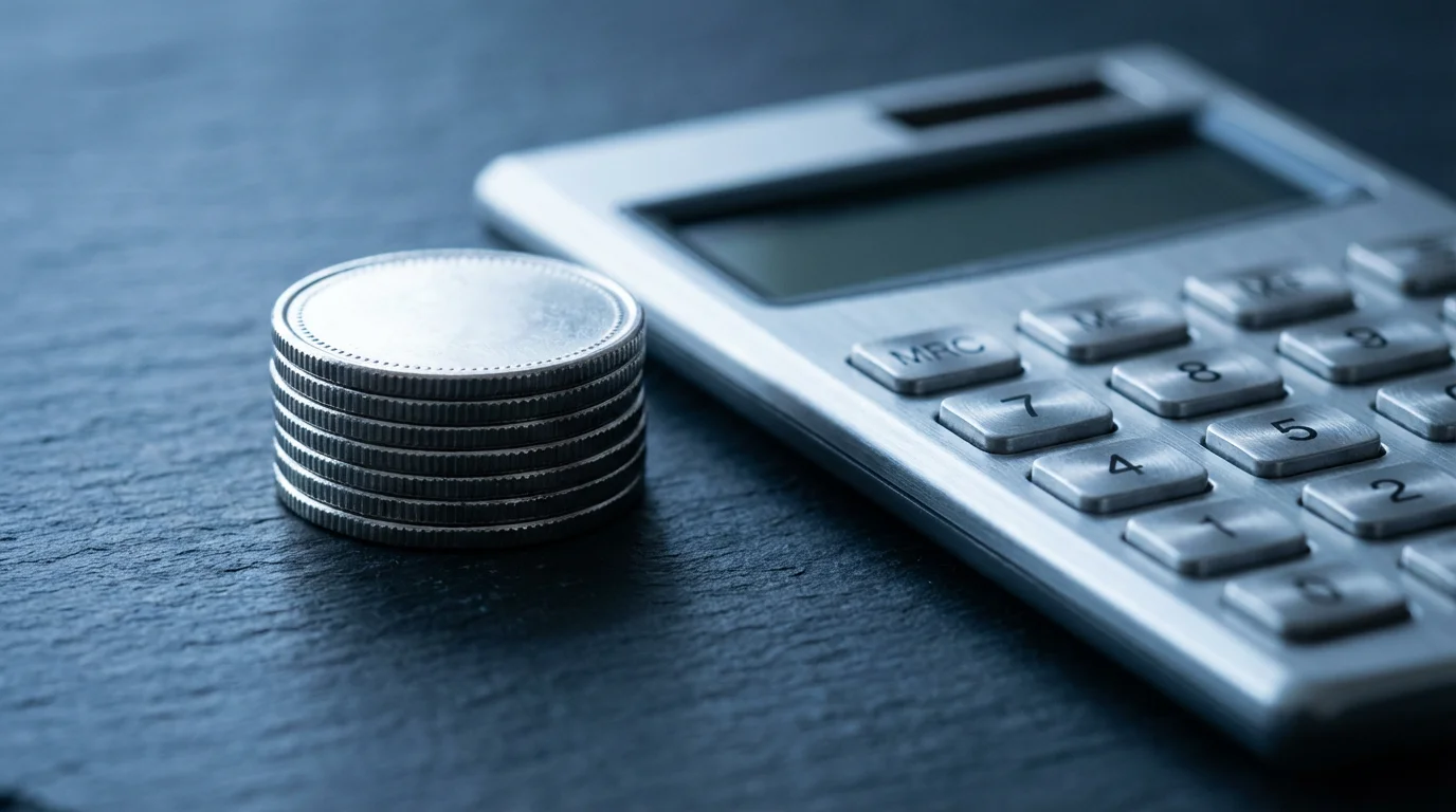 A close-up macro photo of a stack of coins next to a calculator.