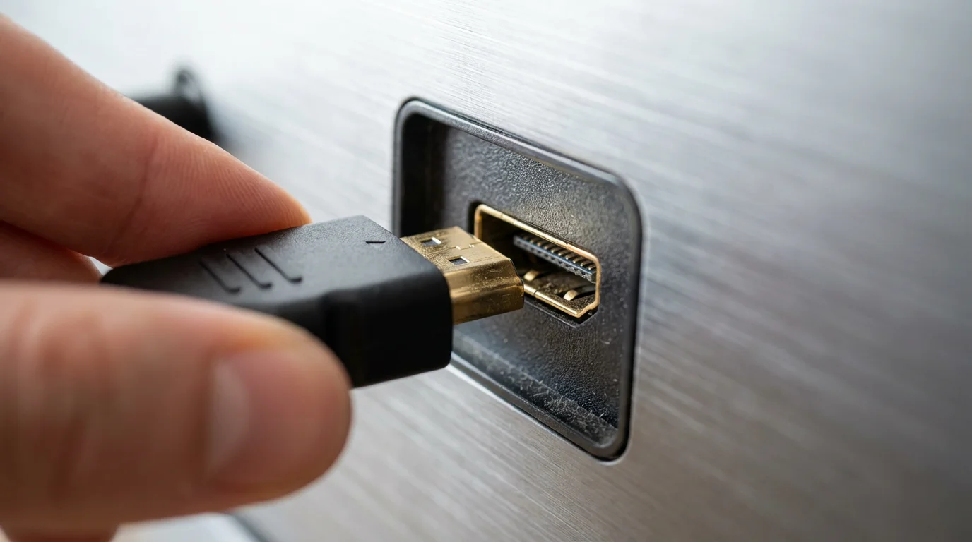 A close-up macro photo of a streaming stick being plugged into a TV's HDMI port.