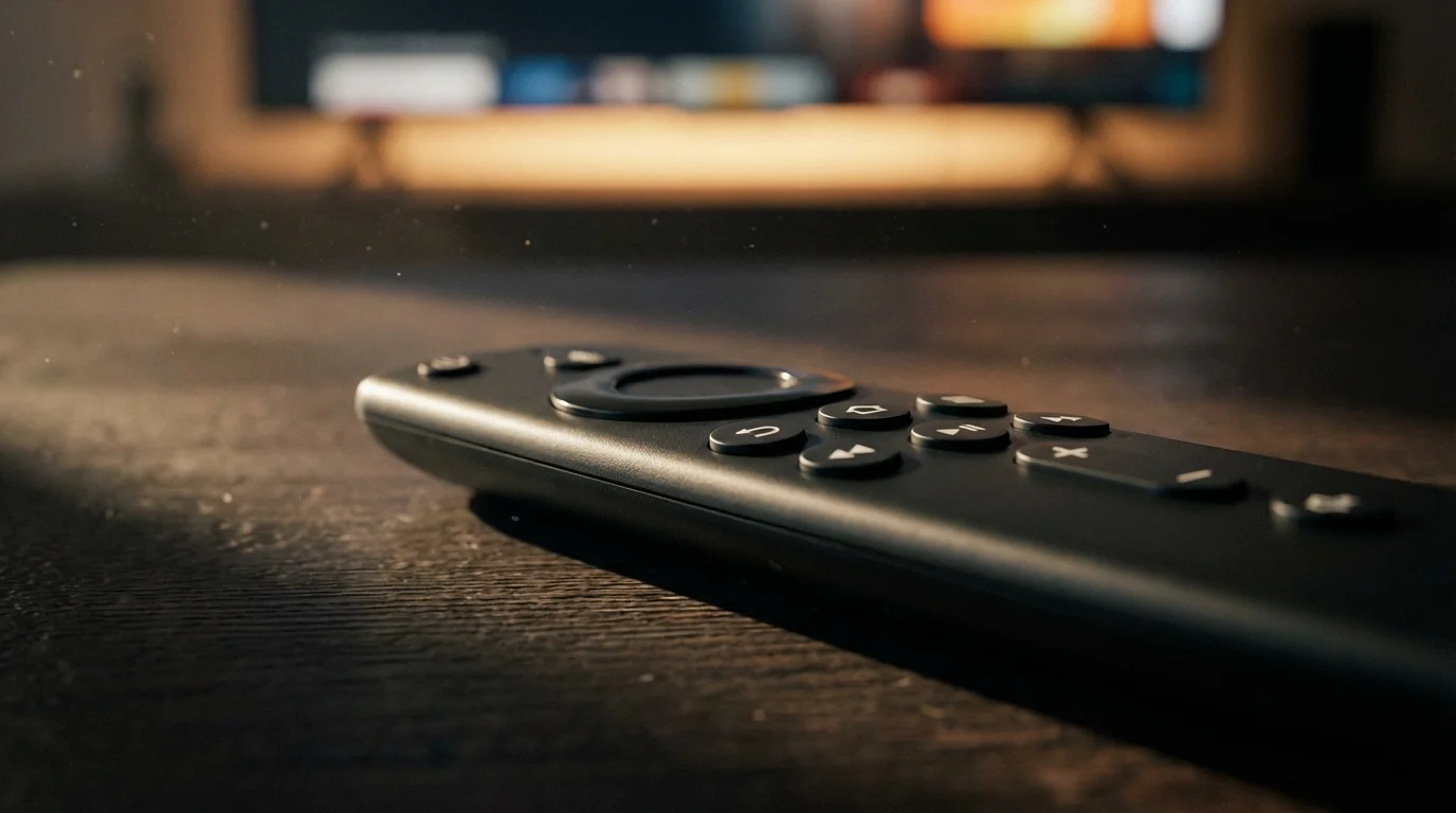 A close-up macro photo of a streaming TV remote in moody afternoon light.