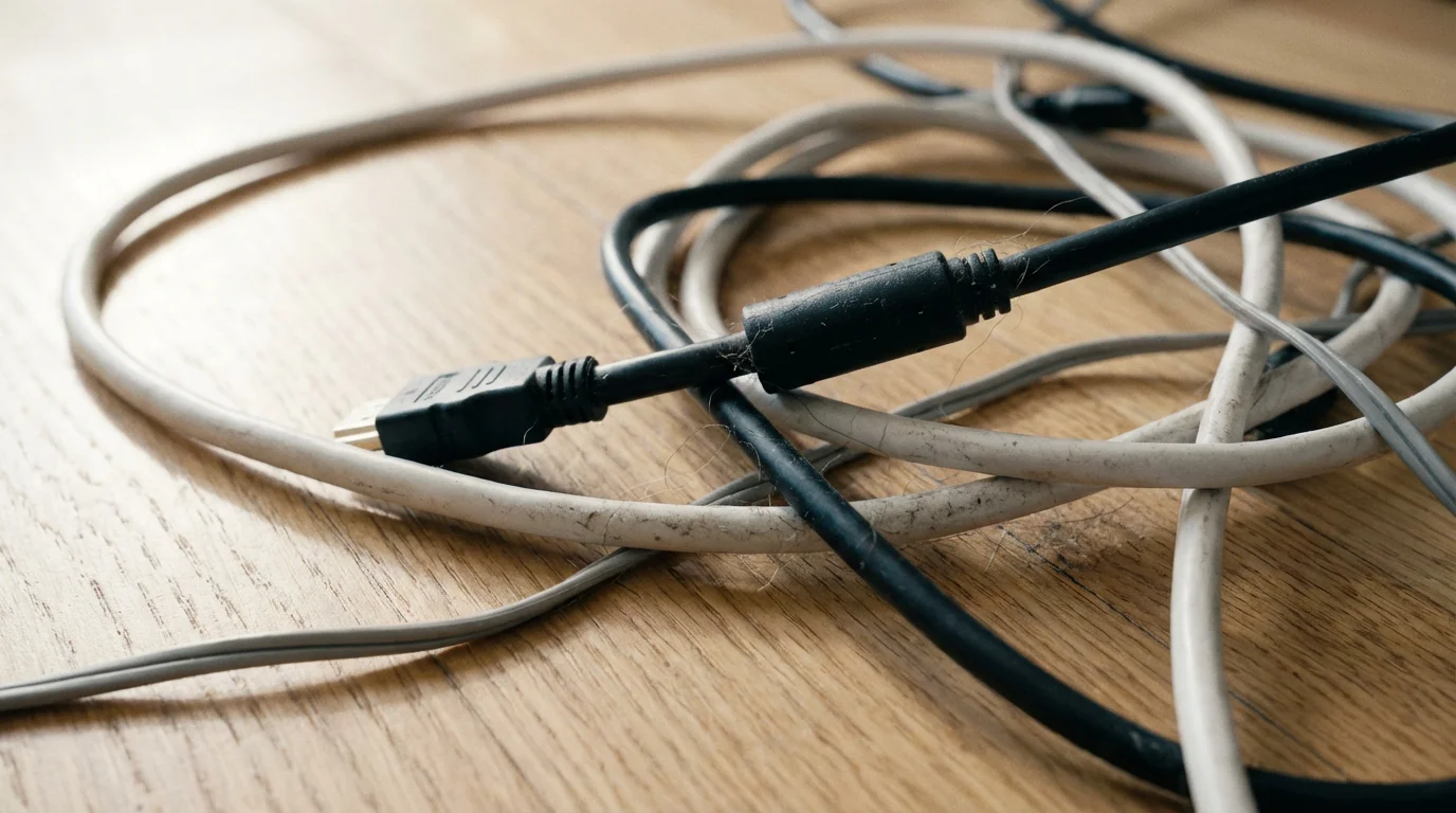 A close-up macro photo of a tangled mess of electronic cables on a floor.