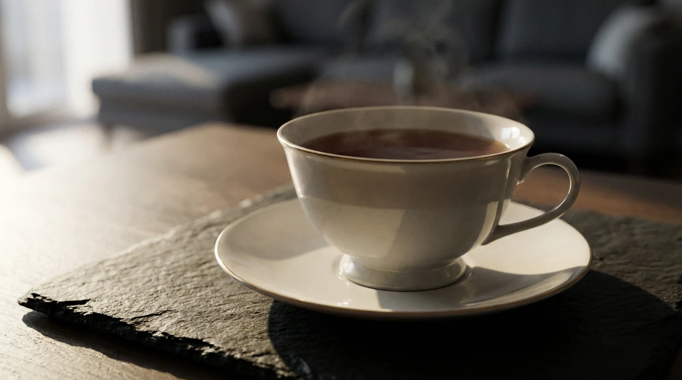 A close-up macro photo of a teacup on a coaster with dramatic afternoon shadows.