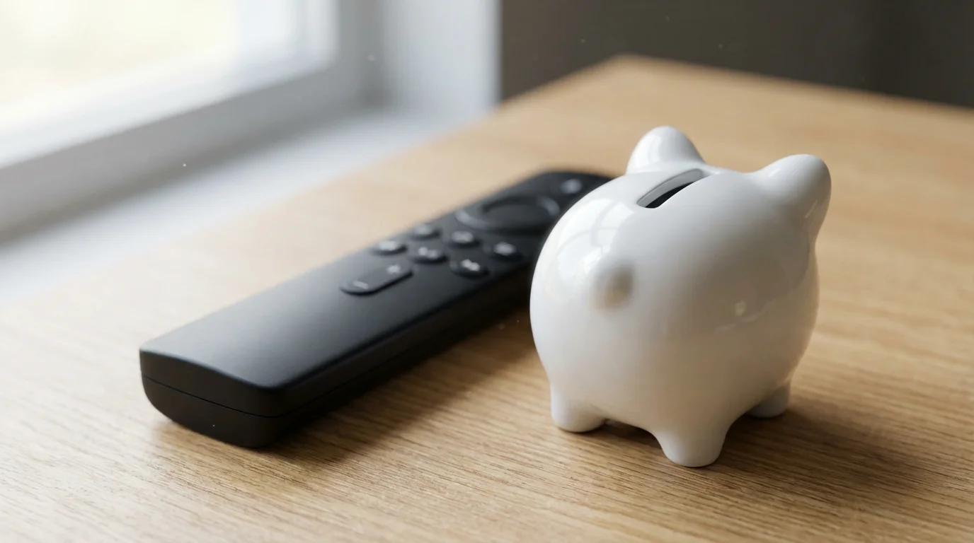 A close-up macro photo of a white piggy bank next to a television remote.