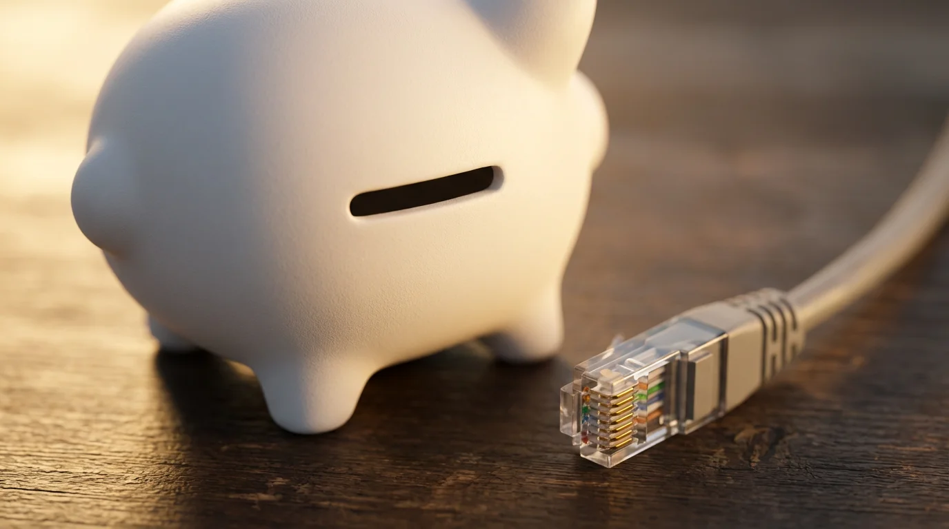 A close-up macro photo of a white piggy bank and an ethernet cable connector.