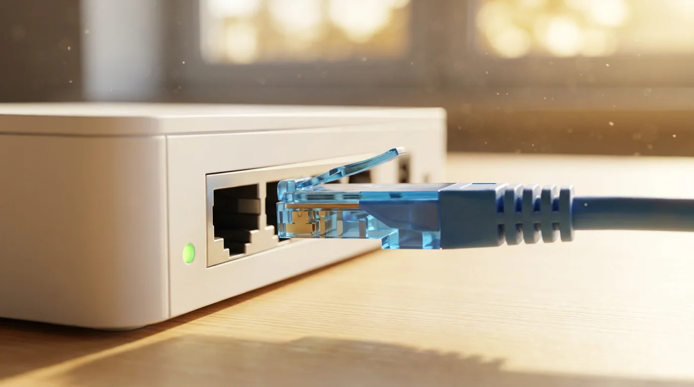 A close-up macro photo of an ethernet cable plugging into a modern Wi-Fi router.