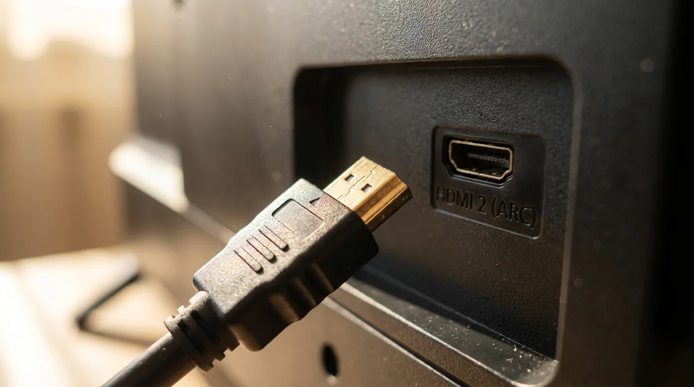 A close-up macro photo of an HDMI cable about to be plugged into a TV.