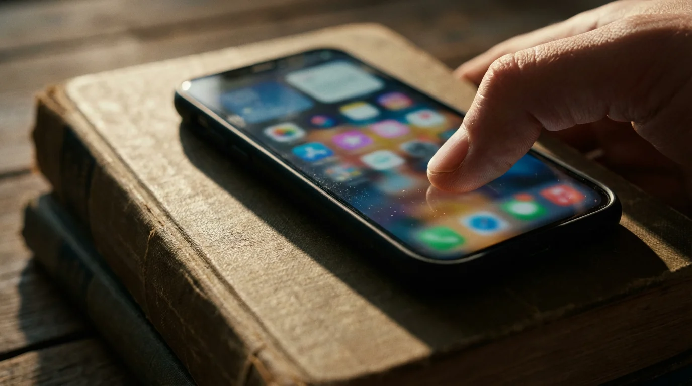 A close-up macro photo of fingers scrolling on a smartphone resting on textbooks.