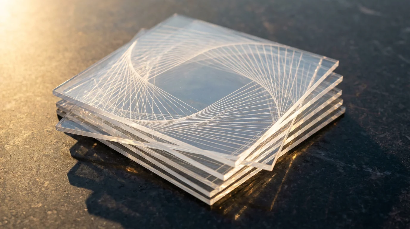 A close-up macro photo of stacked acrylic sheets representing the complex layers of fine print.