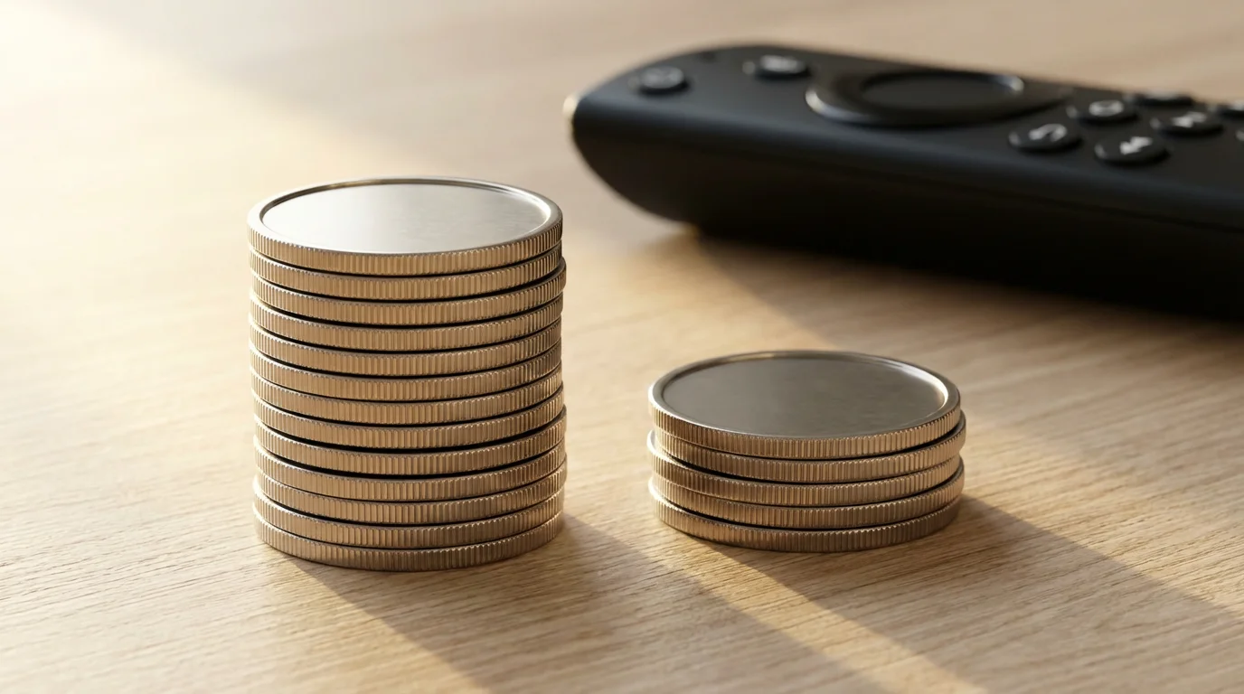 A close-up macro photo of two different sized stacks of coins on a table.