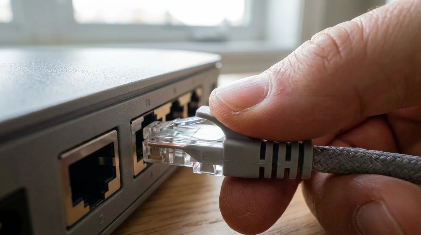 A close-up macro photograph of a hand unplugging an ethernet cable from a modem.