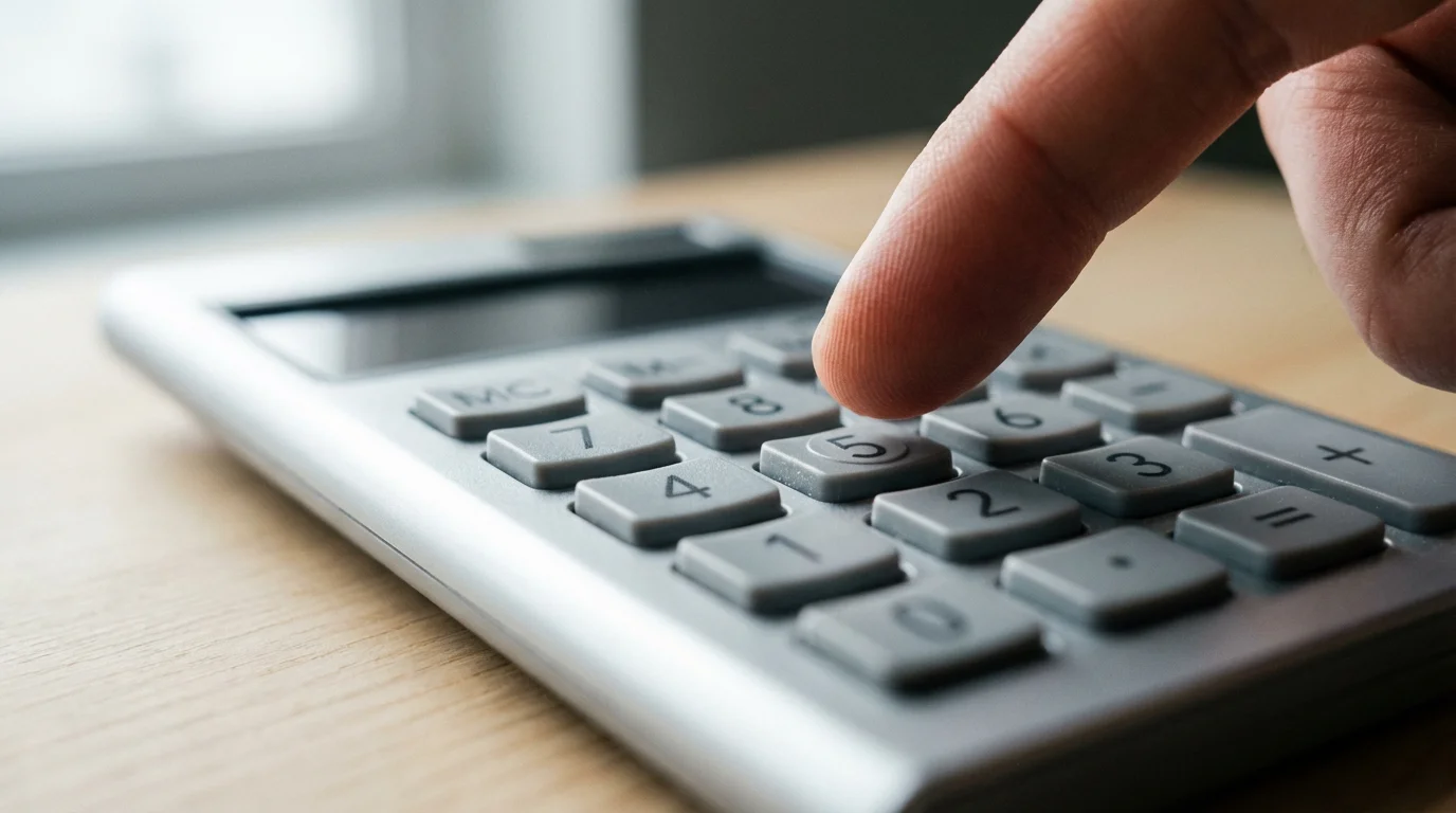 A close-up macro photograph of a person's finger using a calculator to budget expenses.
