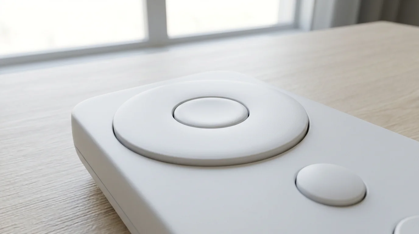 A close-up macro photograph of a simple streaming remote's directional pad on a table.