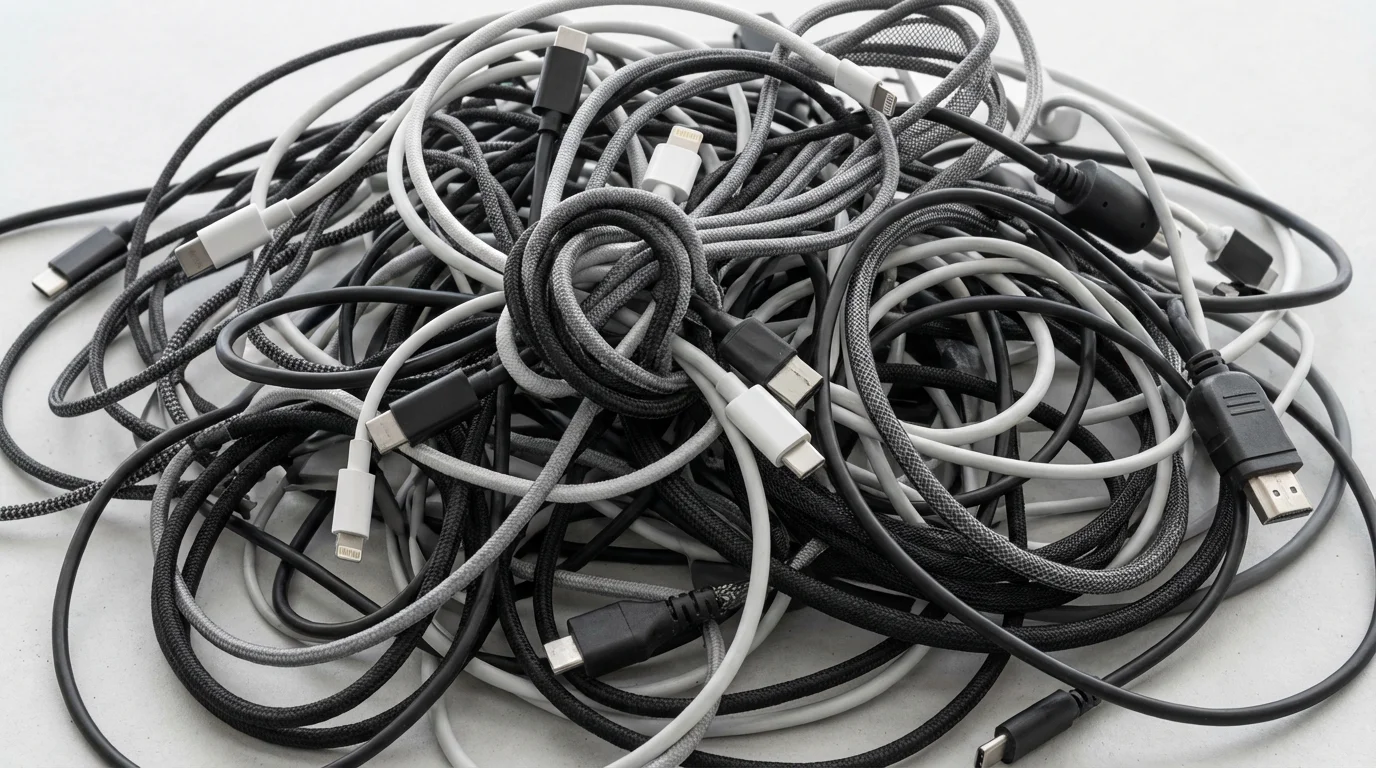A close-up macro photograph of a tight, tangled knot of electronic cables representing fatigue.
