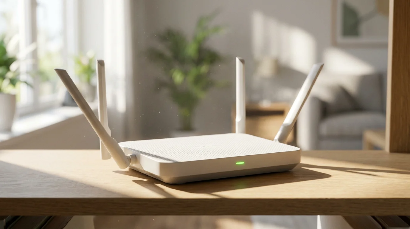 A close-up macro photograph of a Wi-Fi router's antennas in soft morning light.