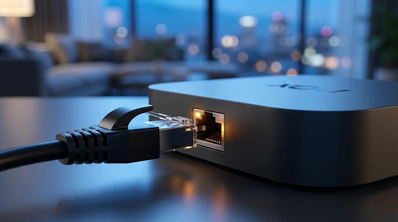 A close-up macro photograph of an ethernet cable plugging into a streaming media device.
