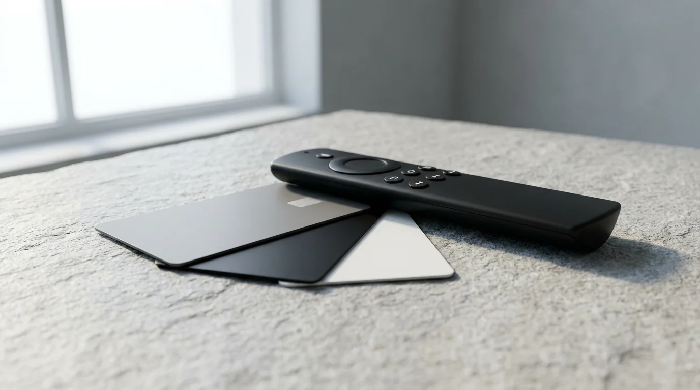 A close-up macro photograph of credit cards and a TV remote, symbolizing streaming costs.