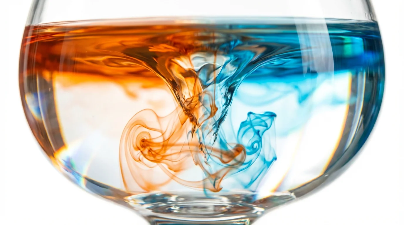 A close-up macro photograph of orange and blue liquids swirling together in glass.