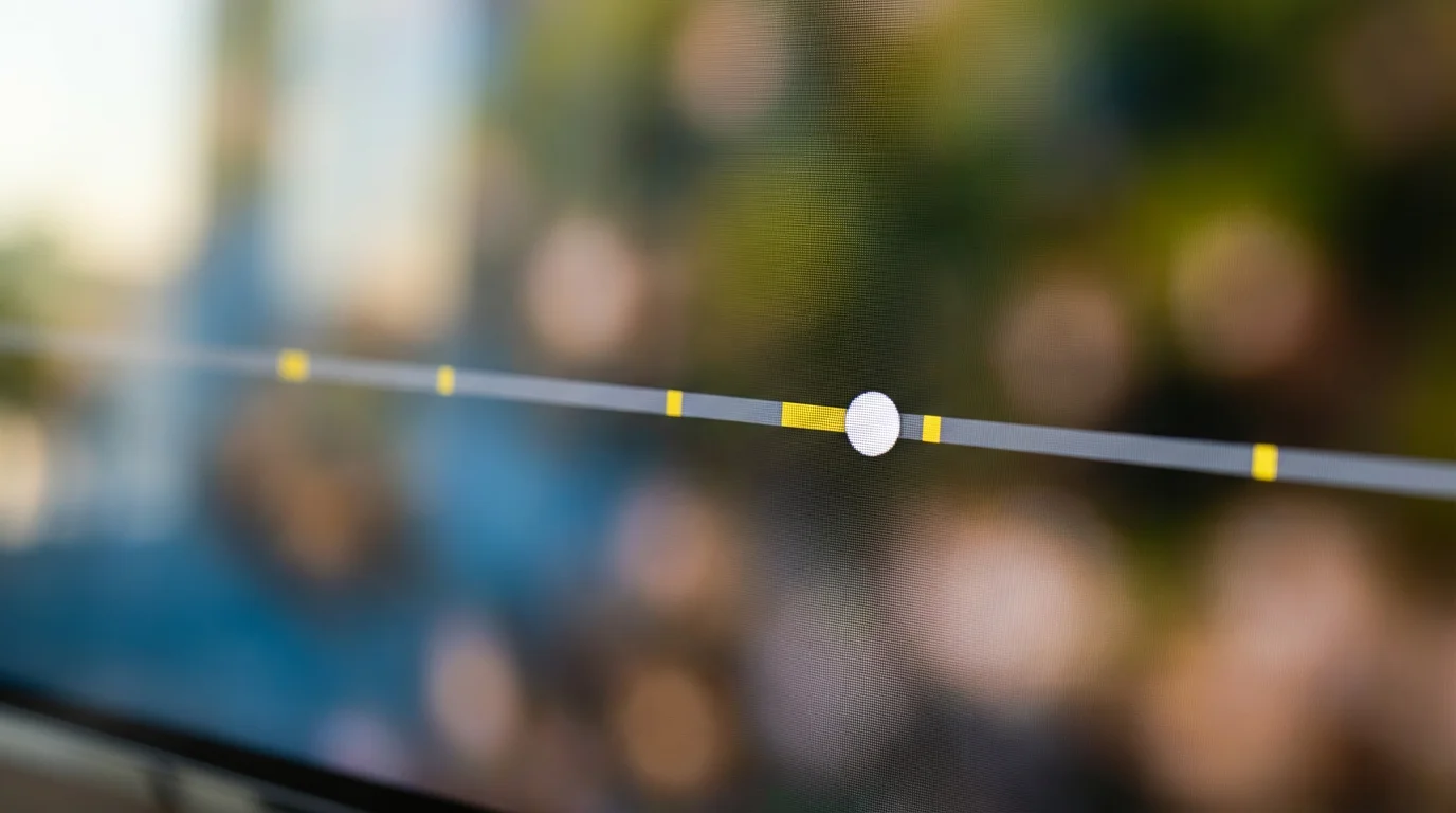 A close-up macro shot of a video player timeline showing yellow ad break markers.