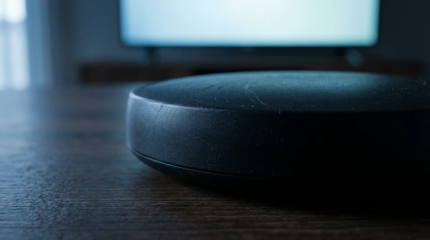 A close-up of a modern streaming media device on a wooden media console.