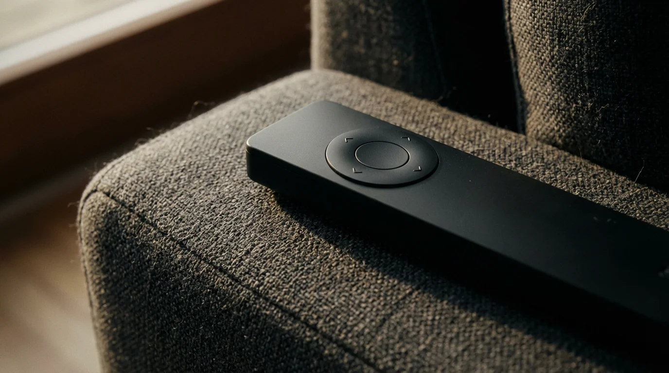 A close-up of a modern TV remote on a sofa in dramatic afternoon light.