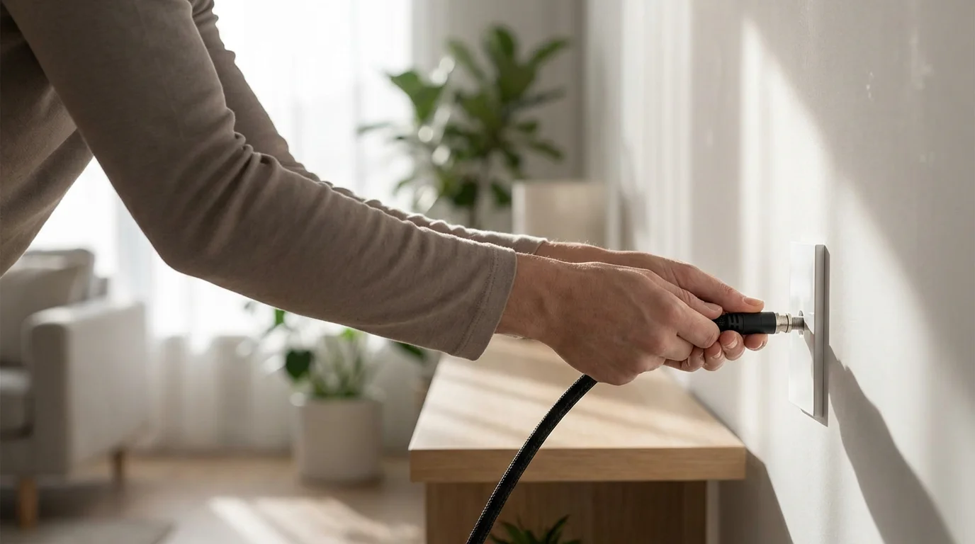 A close-up of a person's hands unplugging a black coaxial cable from a wall.