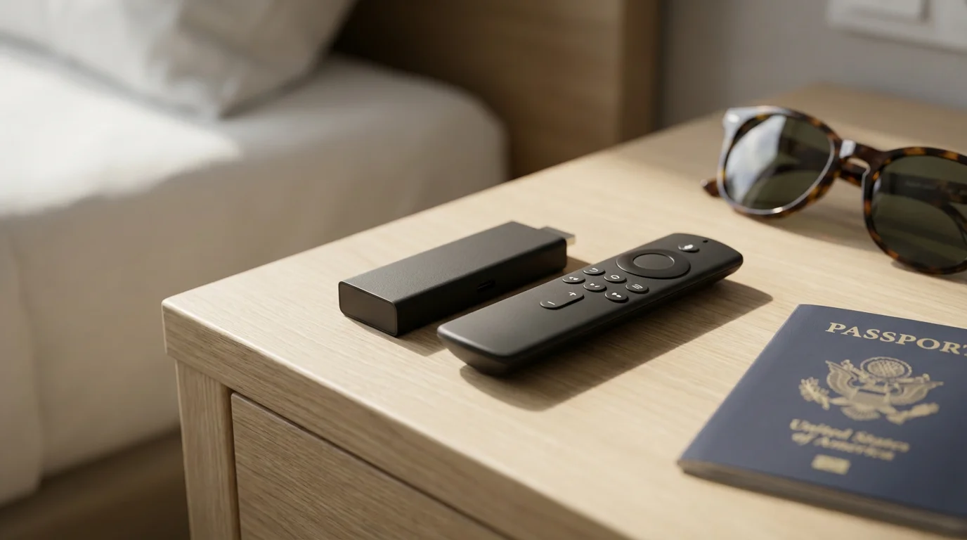 A close-up of a portable streaming device, remote, and passport on a hotel nightstand.