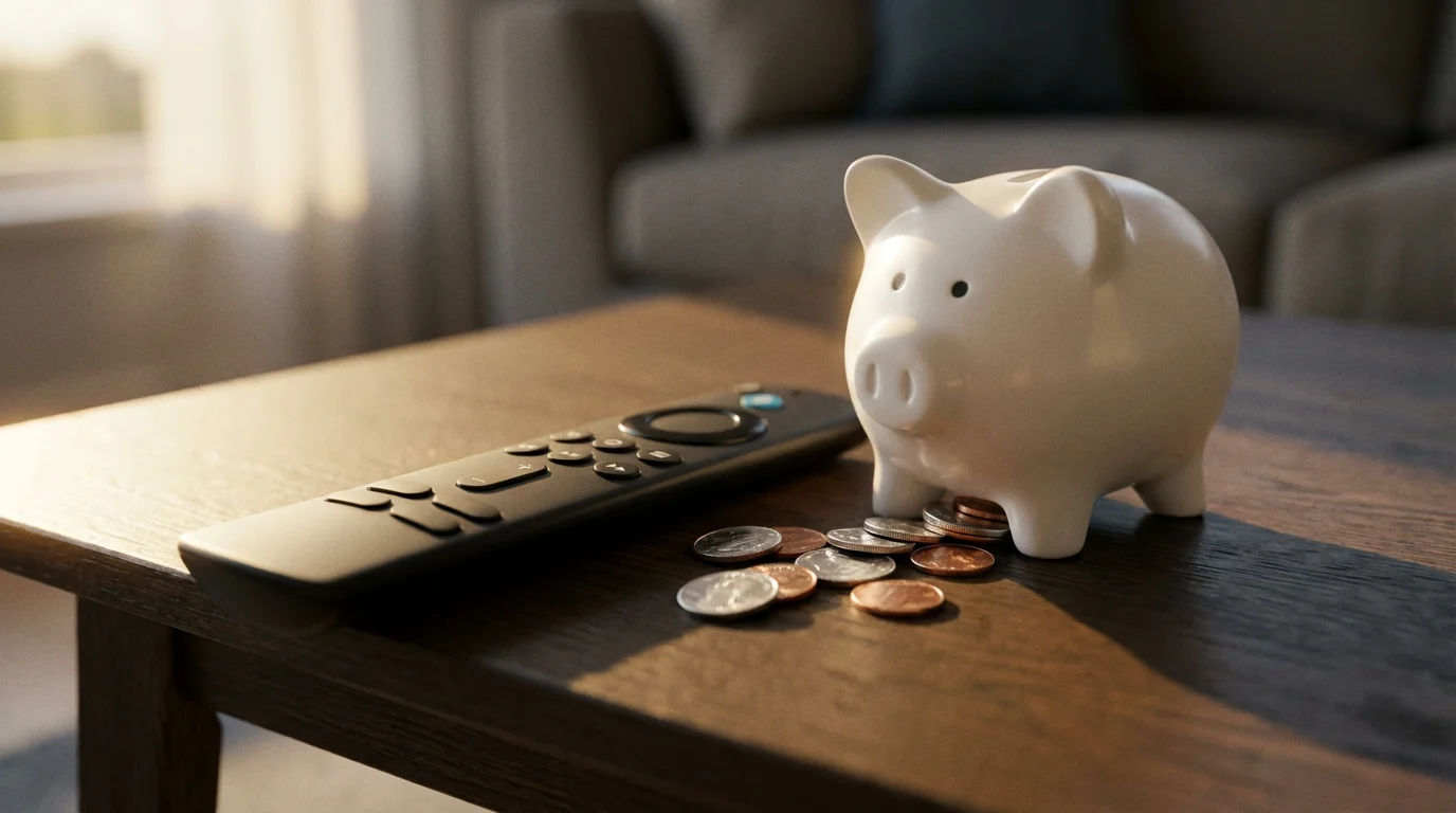A close-up of a TV remote control next to a white piggy bank with coins spilling out.