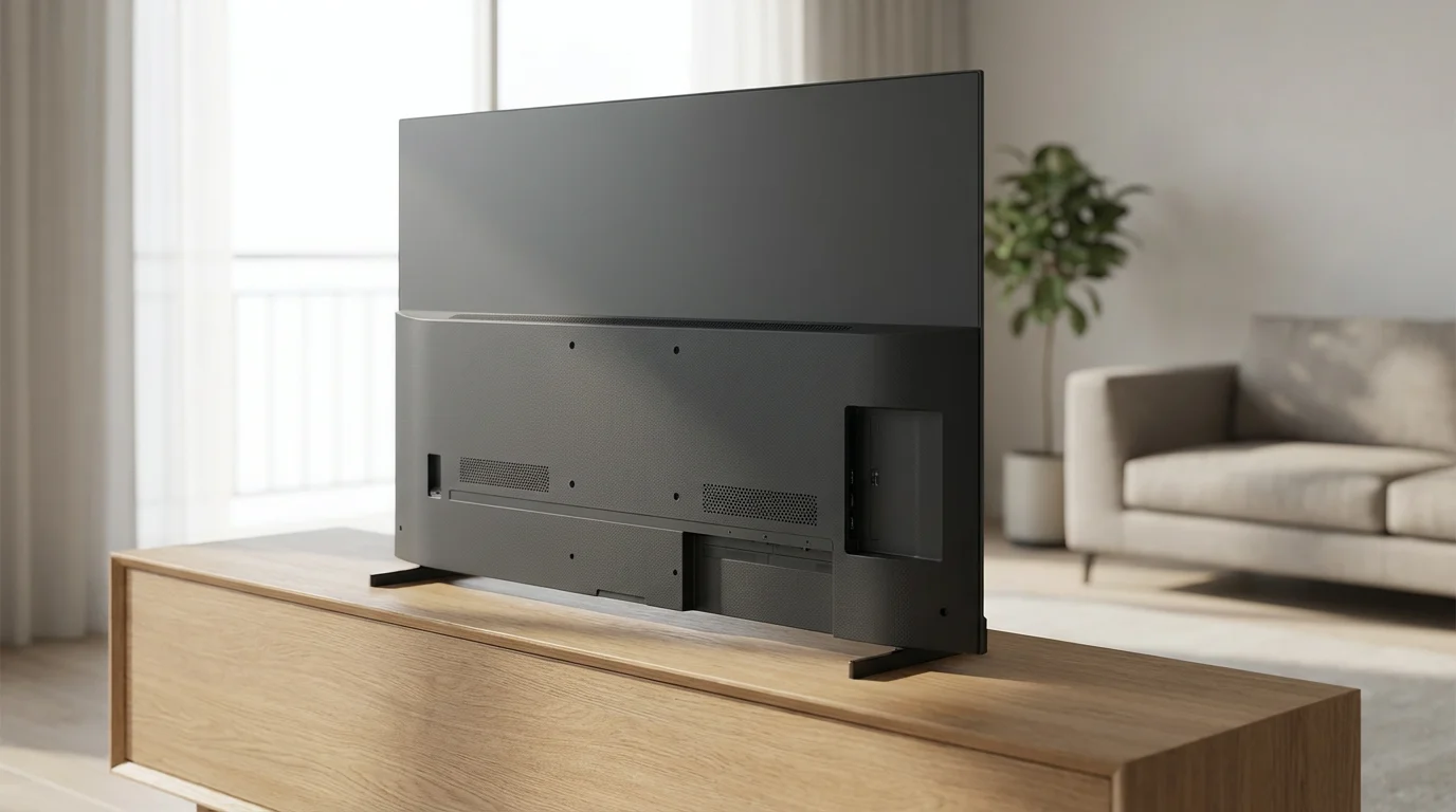 A close-up of the small, rear-facing speaker vents on a modern television.