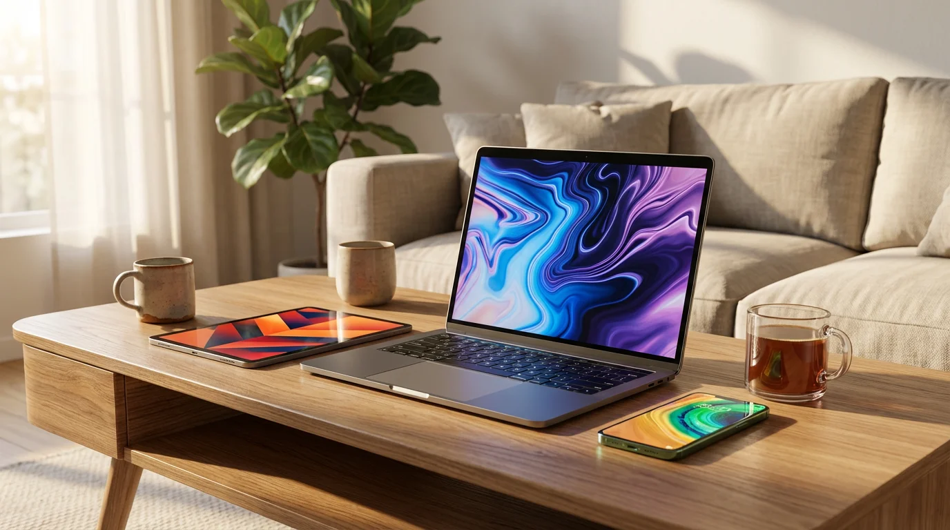 A coffee table with a laptop, tablet, and phone representing shared streaming in a household.
