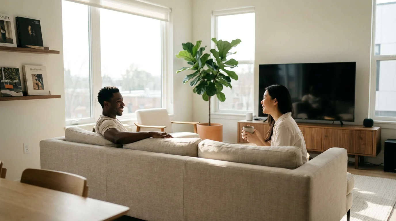 A couple has a conversation on a sofa in a modern, sunlit living room.
