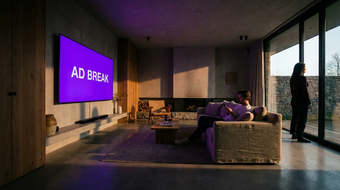 A couple in a living room ignores the bright, glowing TV during an ad break.