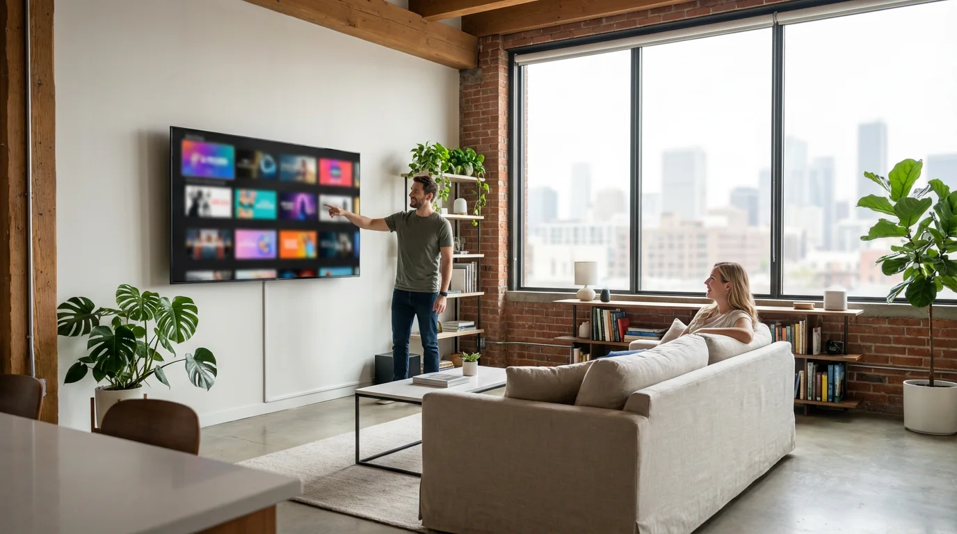 A couple in a modern sunlit living room browsing a streaming service on TV.
