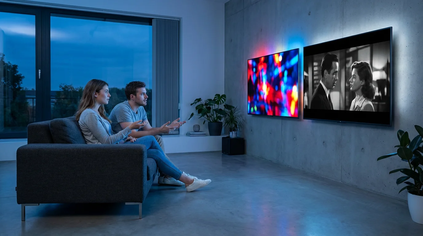 A couple on a sofa deciding between two TVs showing different abstract content.